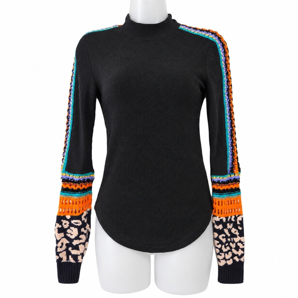 Free People Switch It Up Thermal Top S Black Pattern Crochet Trim Festival Boho